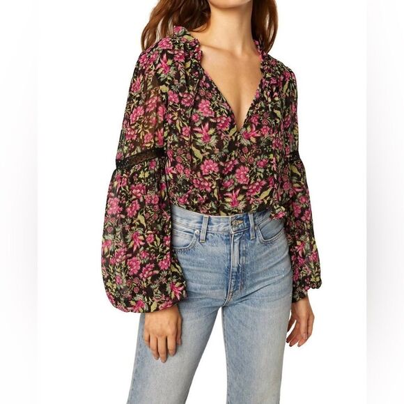 NWT MISA Los Angeles Alicia Floral Chiffon Crochet Blouse in Flora Fuchsia sz M - Picture 1 of 14